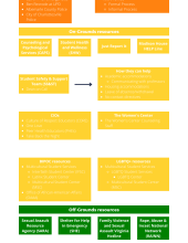 Color-coded guide to Title IX resources, including medical care, reporting options, and on-Grounds and off-Grounds resources